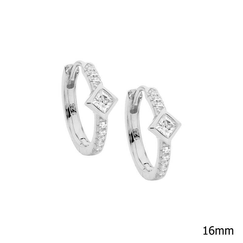 Ellani Sterling Silver Hoop Earrings Set With Princess & Round Cut CZ E600S