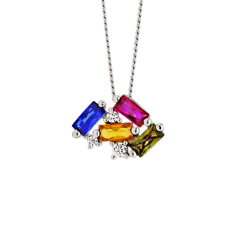 Ellani Sterling Silver Multi Colour Baguette & Round Cut CZ Pendant P885M