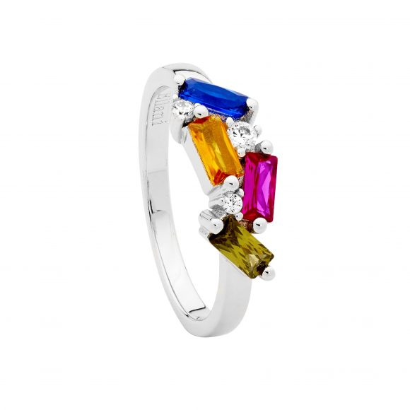 Ellani Sterling Silver Staggered Round & Baguette with Multi colour CZ Cluster Ring R516M