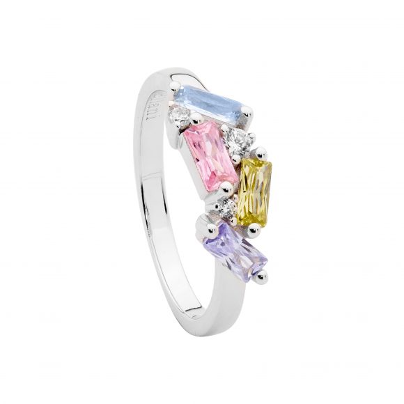 Ellani Sterling Silver Staggered Round & Baguette with Pastel CZ Cluster Ring R516P