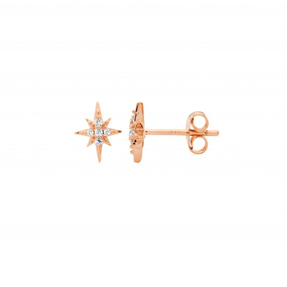 Ellani Sterling Silver Star Stud Earrings with Rose Gold Plate Set with CZ E613R