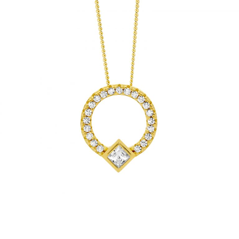 Ellani Gold Plated Princess & Round Cut CZ Open Circle Pendant P877GP