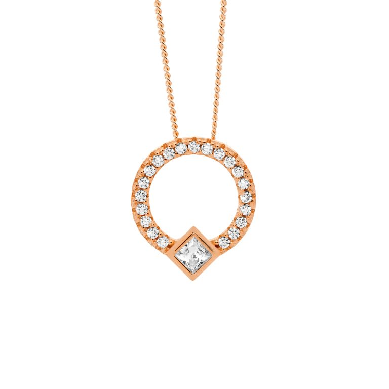 Ellani Rose Gold Plated Princess & Round Cut CZ Open Circle Pendant P877RP