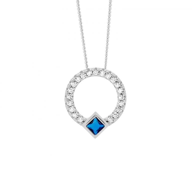 Ellani Sterling Silver Blue Princess & White Round Cut CZ Open Circle Pendant P877DB