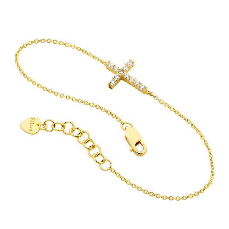 Ellani Sterling Silver Yellow Gold Plated CZ Set Cross Bracelet B222G
