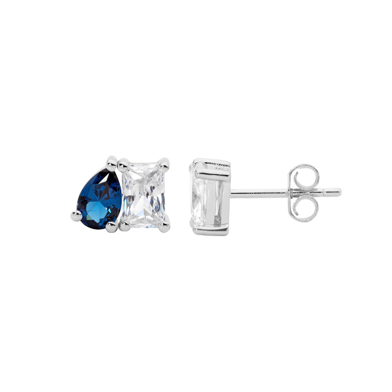 Ellani Sterling Silver "You & Me" Earrings with Blue & White CZ E616LB