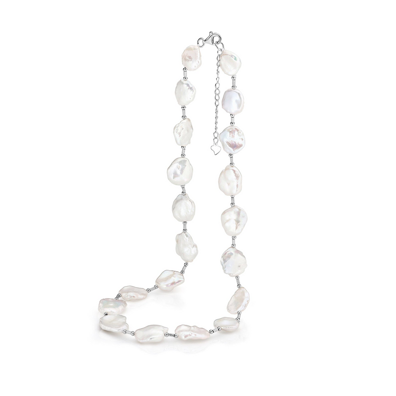 Ikecho Sterling Silver Flat Keshi Freshwater Pearl  "Eloise" Necklace