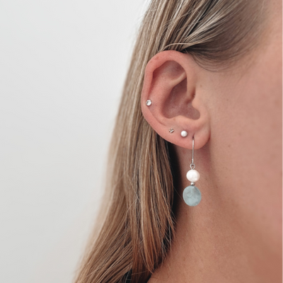 Ikecho Sterling Silver Aquamarine, Hematite, Freshwater Pearl Hook "Yvonne" Earrings