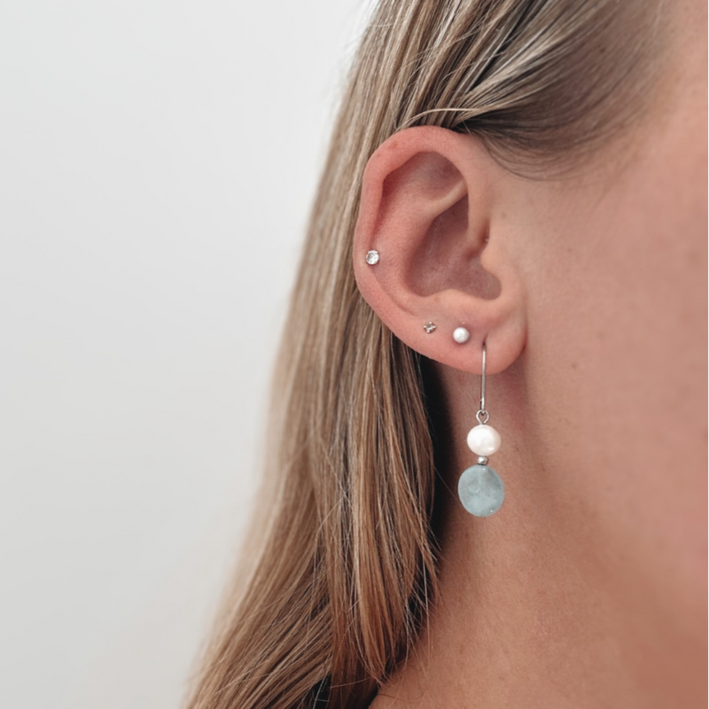 Ikecho Sterling Silver Aquamarine, Hematite, Freshwater Pearl Hook "Yvonne" Earrings