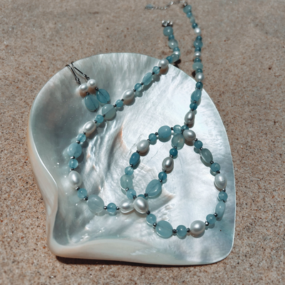 Ikecho Sterling Silver Aquamarine, Hematite, Freshwater Pearl Hook "Yvonne" Earrings