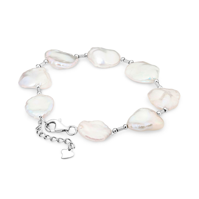 Ikecho Sterling Silver Flat Keshi Freshwater Pearl "Eloise" Bracelet IP163-BSS