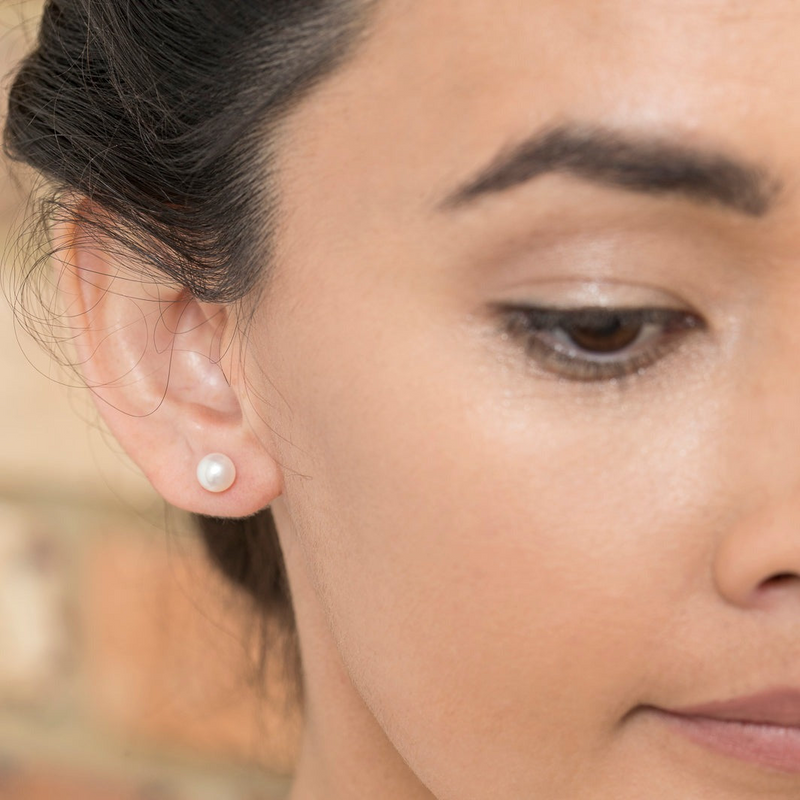 Ikecho Sterling Silver Button Freshwater Pearl "Luna" Stud Earrings Sizes 7mm - 12.5mm