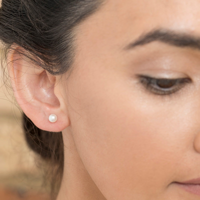 Ikecho Sterling Silver Button Freshwater Pearl "Luna" Stud Earrings Sizes 7mm - 12.5mm