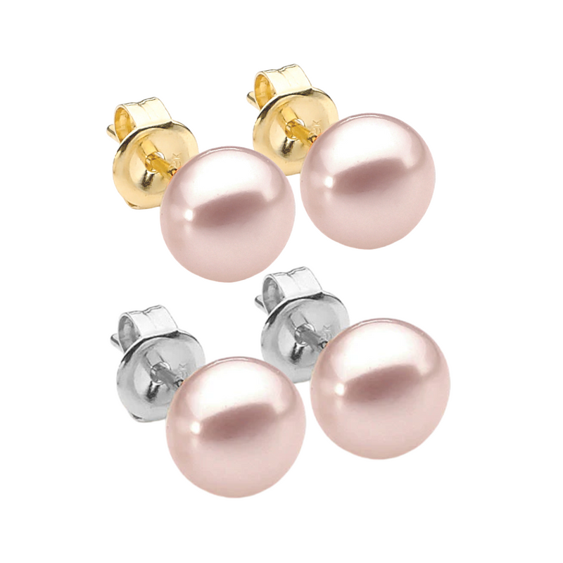 Ikecho Sterling Silver Pink Freshwater Pearl "Luna" Stud Earrings Sizes 7mm - 10mm