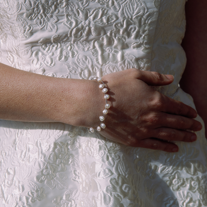 Ikecho Sterling Silver White 6mm Freshwater Pearl Keshi 3-Row Wire Bracelet "Wandering"