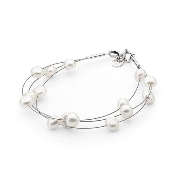 Ikecho Sterling Silver White 6mm Freshwater Pearl Keshi 3-Row Wire Bracelet "Wandering"