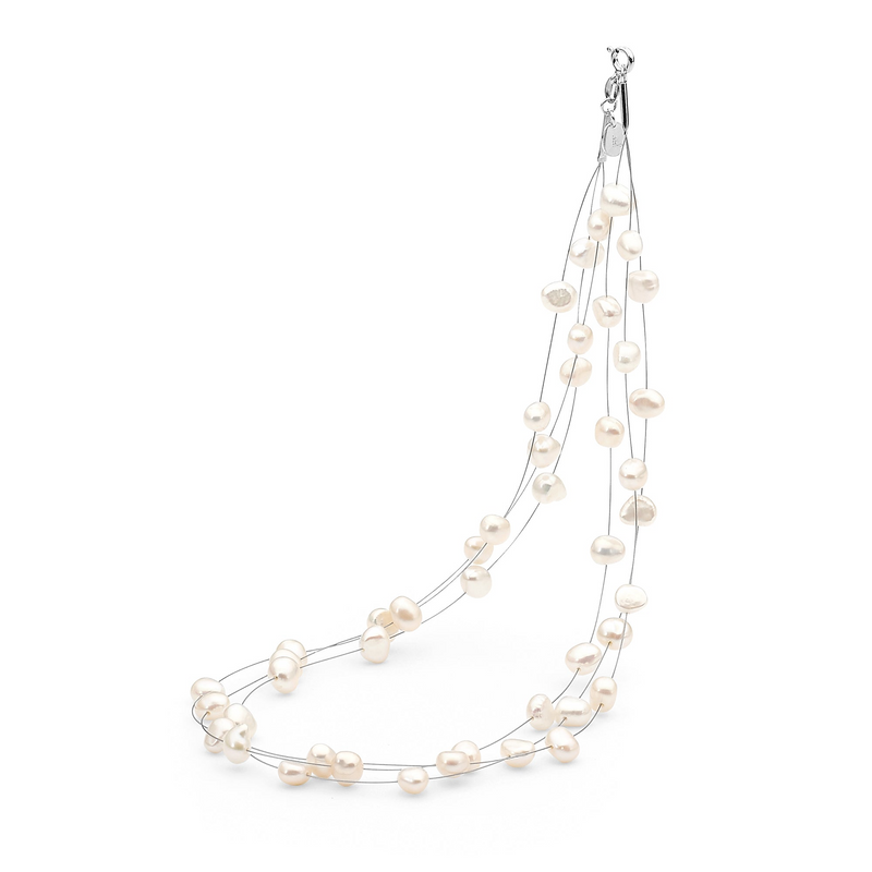 Ikecho Sterling Silver White 6mm Freshwater Pearl Keshi 3-Row Wire Necklace "Wandering"