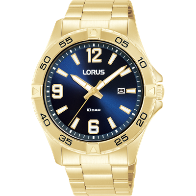 Lorus Gents Stainless Steel Gold Analogue Watch Blue Dial RH990QX-9