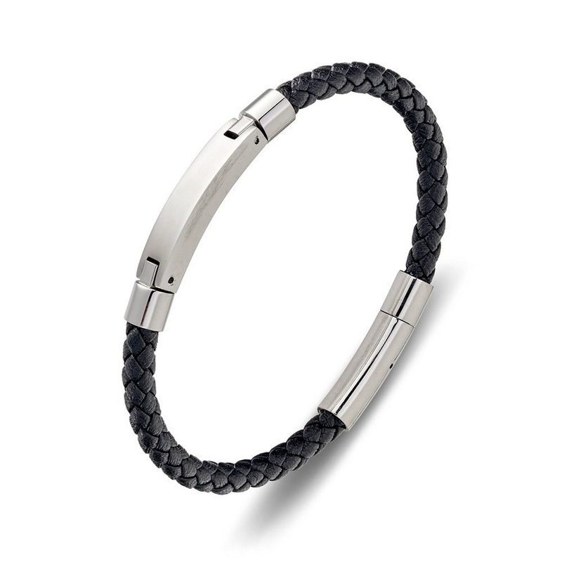 Stainless Steel Black Leather Bracelet With Steel Bar Details SSBG325-S