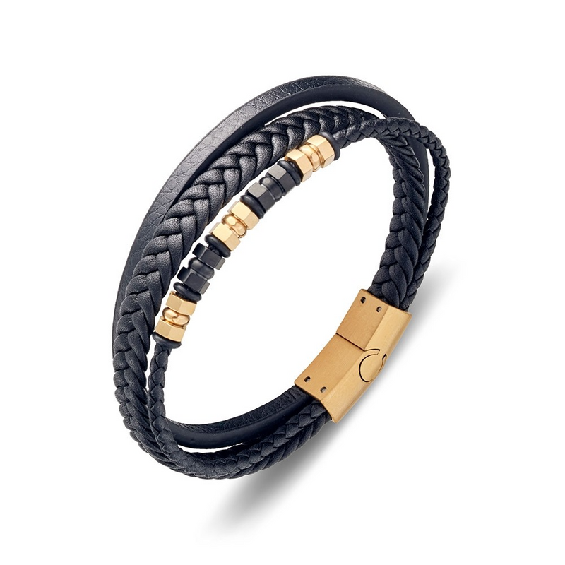 Stainless Steel Black Leather Triple Bracelet with Gold Plated Steel Detailing SSBG327-G