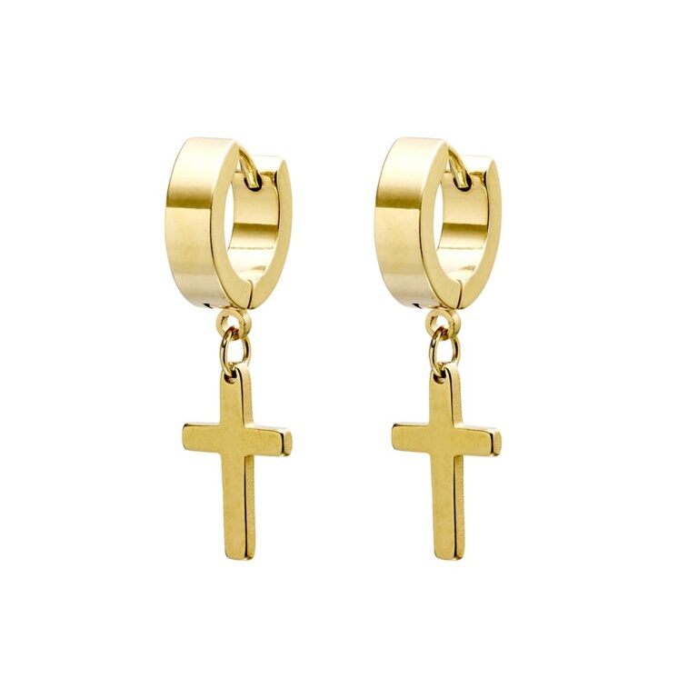Stainless Steel Gold Plated Huggie Earring with Cross SSE94G