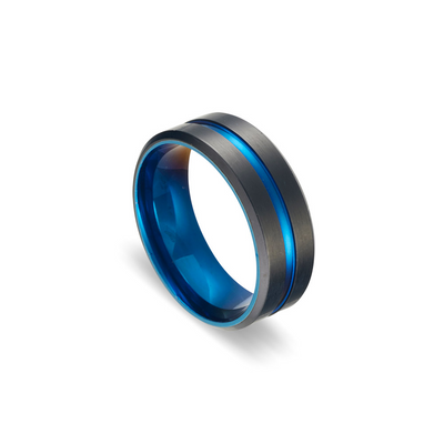 Stainless Steel Matte Black and Electric Blue Bevelled Edge Ring SSR269