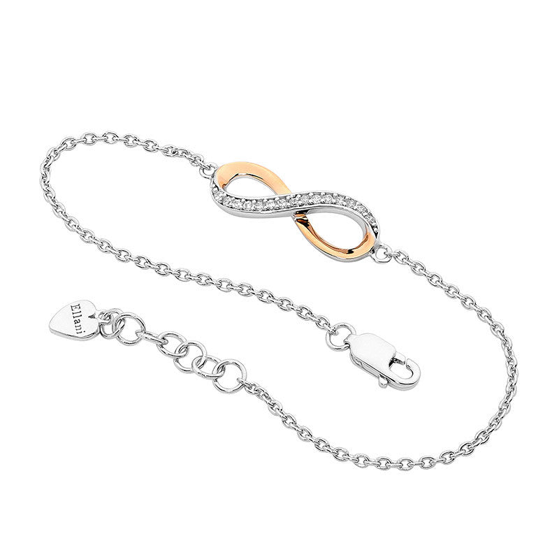 Ellani Sterling Silver Infinity Bracelet With CZ & Rose Gold Plate B185R