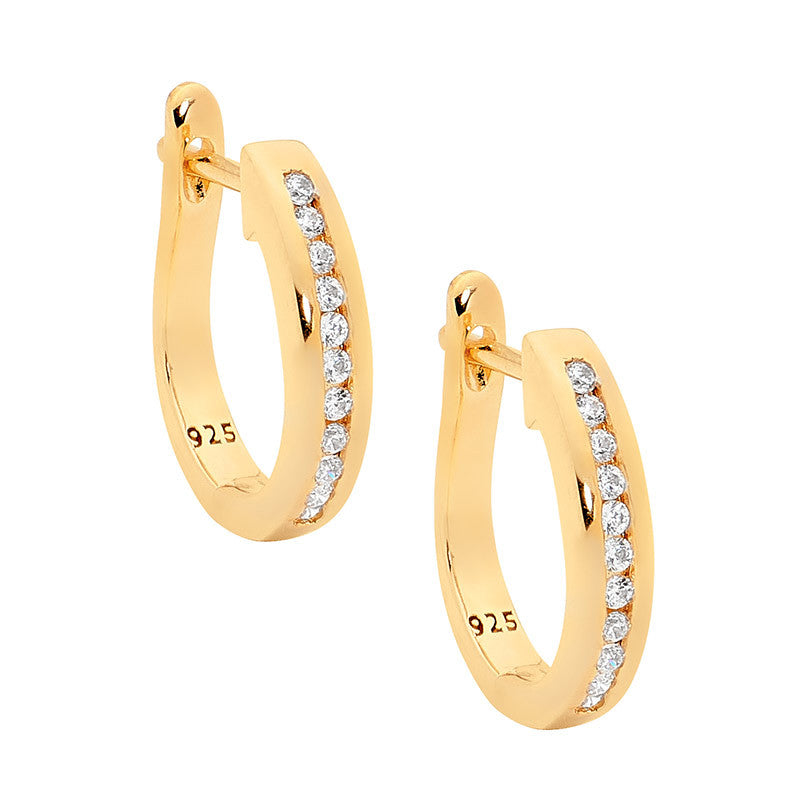 Ellani Sterling Silver Half Round Earrings w CZ & Yellow Gold Plate E251G