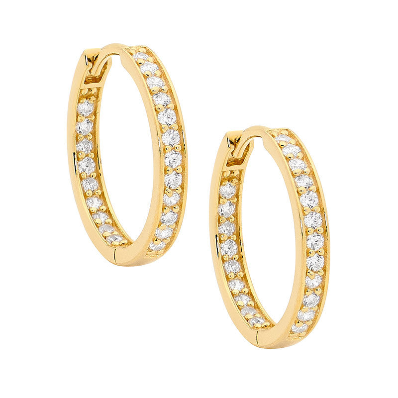 Ellani Sterling Silver Hoop Earrings w CZ & Yellow Gold Plate E312G