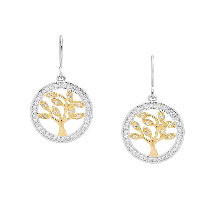 Ellani Tree Of Life Sterling Silver Earrings w CZ & Yellow Gold Plate E457G