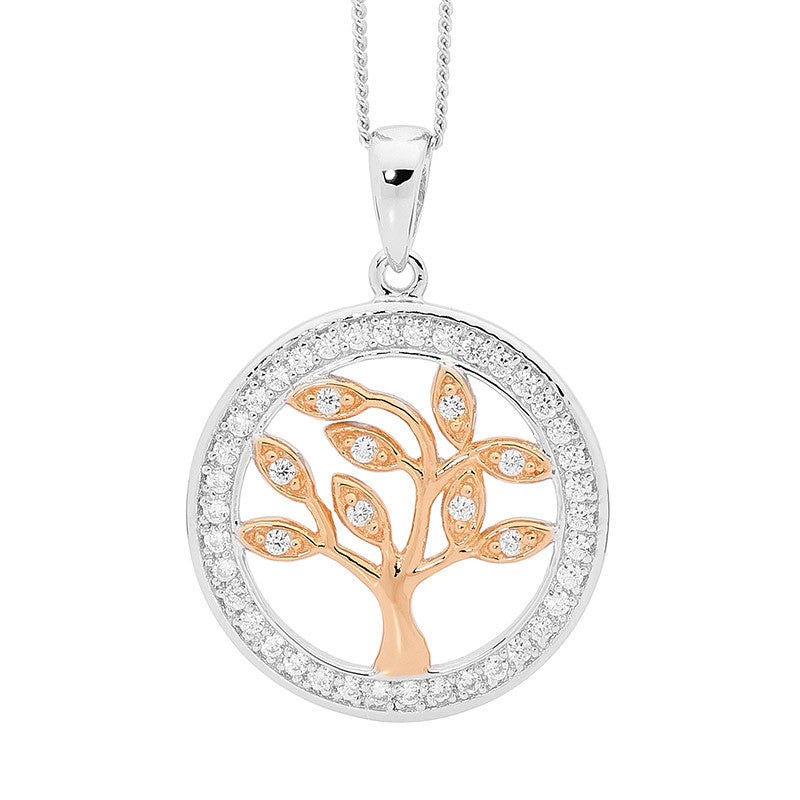 Ellani Sterling Silver Tree Of Life Pendant w CZ & Rose Gold Plate P777R