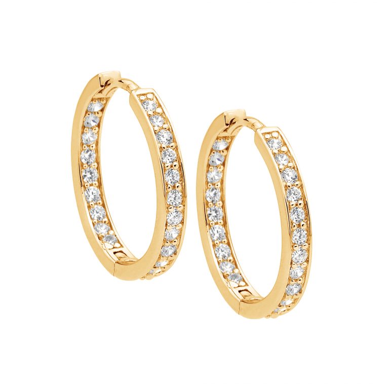 Ellani Sterling Silver Round Hoop Earrings with CZ & Yellow Gold Plate E263G