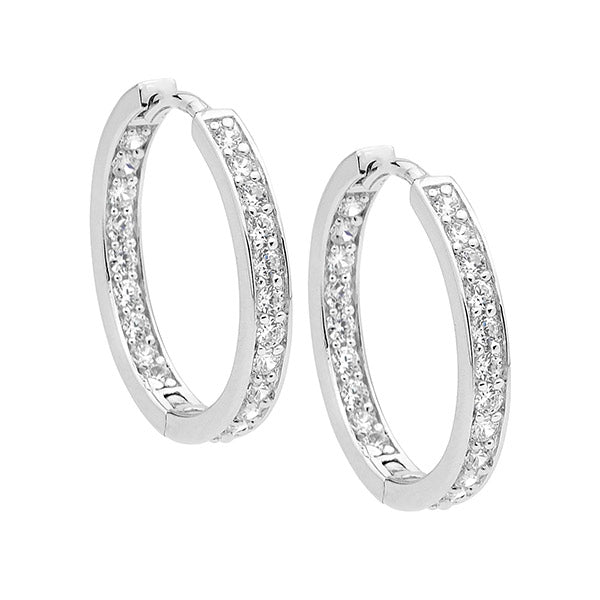 Ellani Sterling Silver Hoop Earrings w CZ E312S