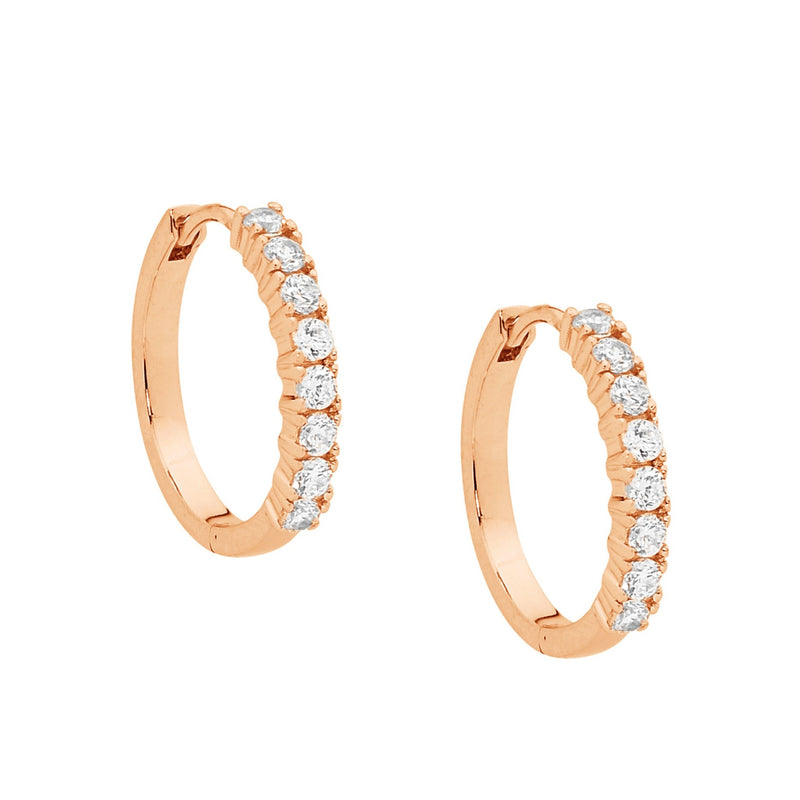 Ellani Sterling Silver Round Hoop Earrings with CZ & Rose Gold Plate E391R
