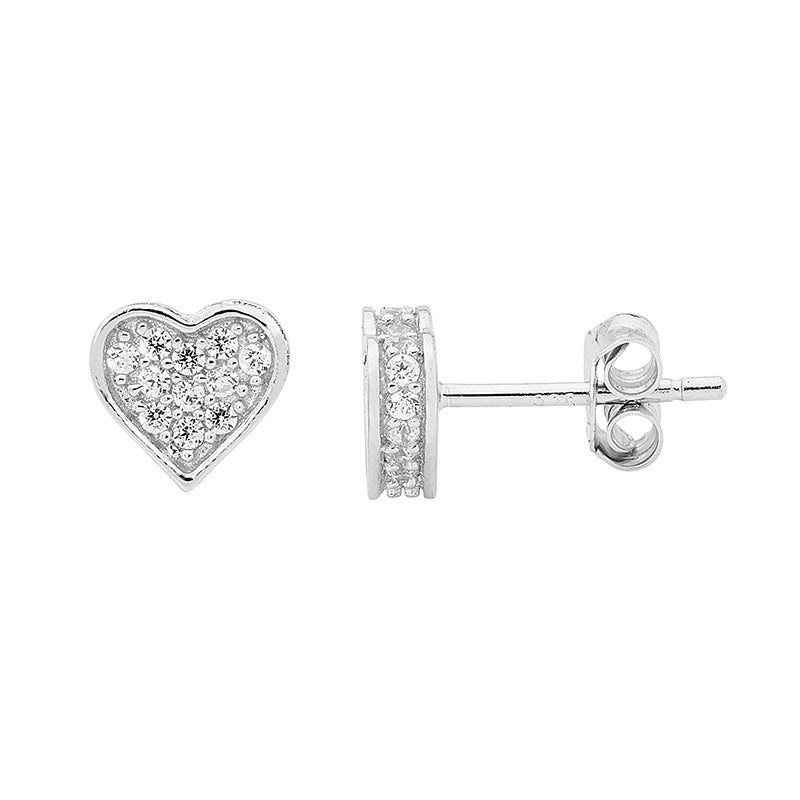 Ellani Sterling Silver CZ Pavé Heart Stud Earrings E419