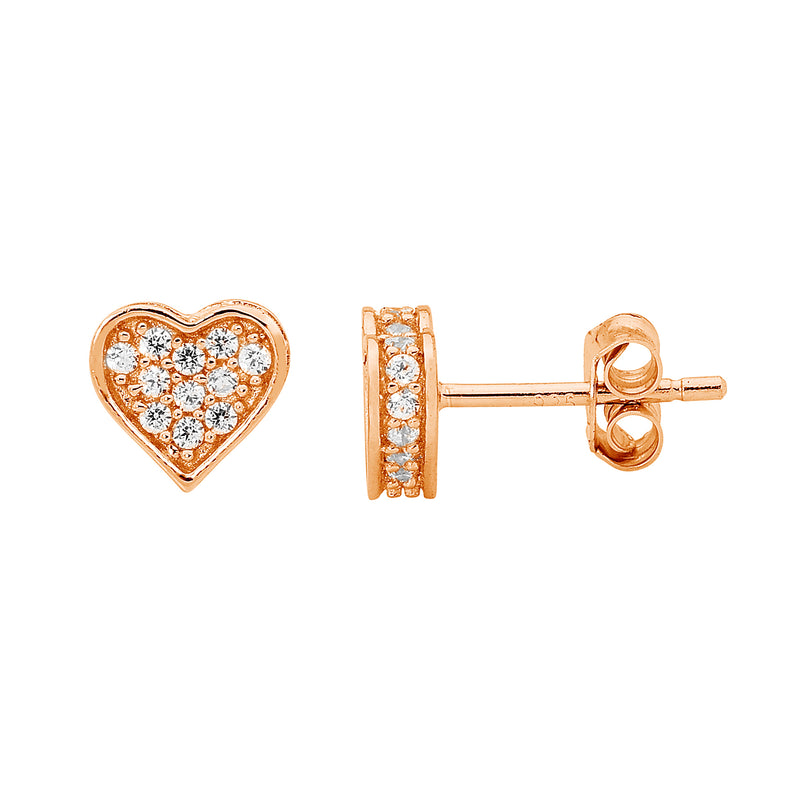 Ellani Sterling Silver Heart Stud Earrings with Pavé Set CZ & Rose Gold Plate E419R