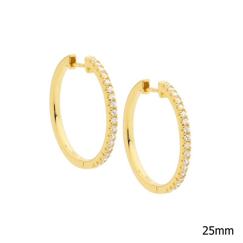 Ellani Sterling Silver Hoop Earrings w CZ & Yellow Gold Plate E519G