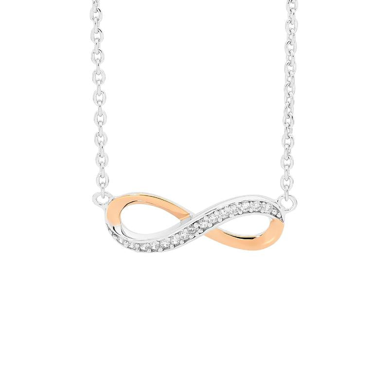 Ellani Sterling Silver Infinity Pendant with CZ & Rose Gold Plate P669R