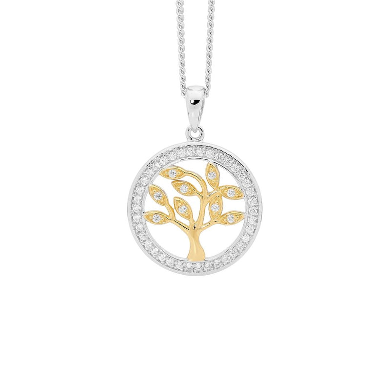 Ellani Sterling Silver Tree Of Life Pendant w CZ & Yellow Gold Plate P820G