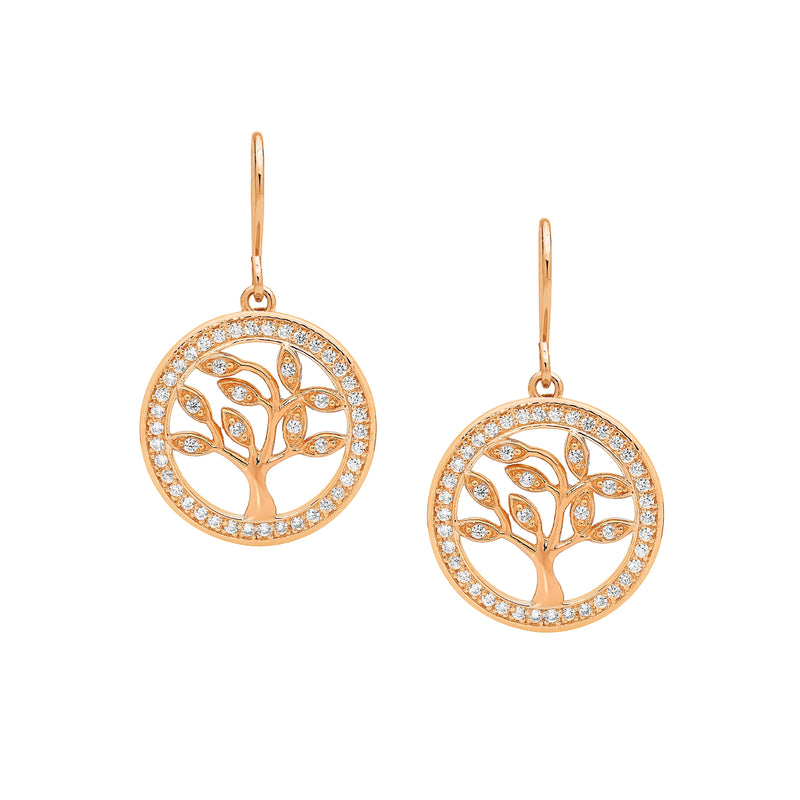 Ellani Sterling Silver Tree Of Life Earrings with CZ & Rose Gold Plate E457RP