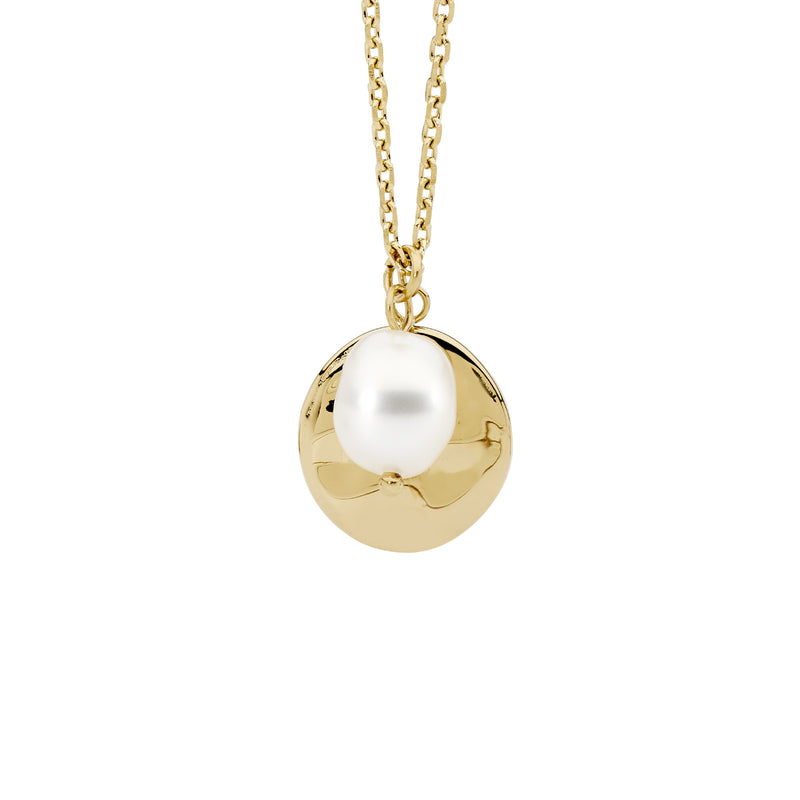 Ellani Stainless Steel Disk w Freshwater Pearl Pendant w Gold IP Plating SP131G