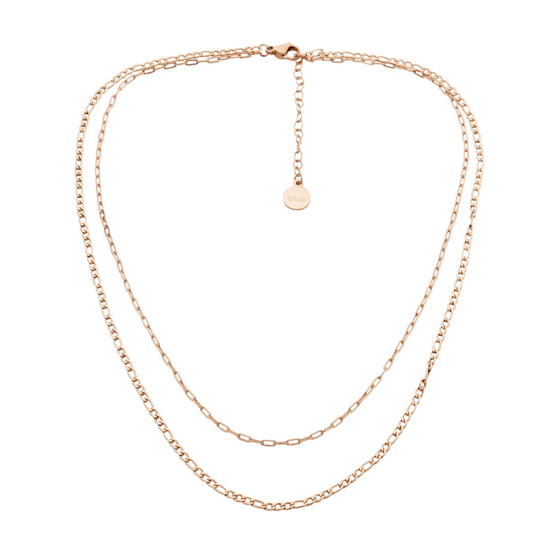Ellani Stainless Steel Double Chain Necklace w Rose Gold IP Plating SP130R