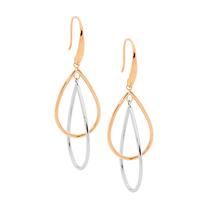 Ellani Stainless Steel Double Open Tear Drop Earrings with Rose Gold IP SE243R