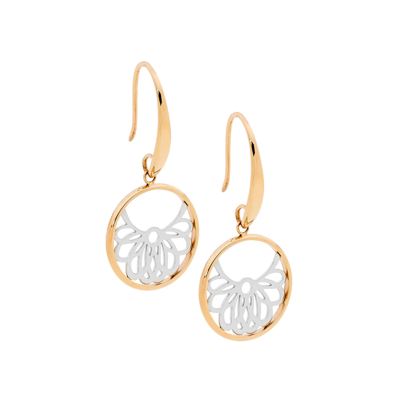 Ellani Stainless Steel Filigree Circle Drop Earrings with Rose Gold IP SE244R