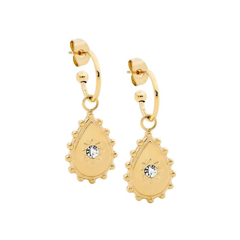 Ellani Stainless Steel Hoop Earrings with Tear Drop and CZ Gold IP Plated SE239G