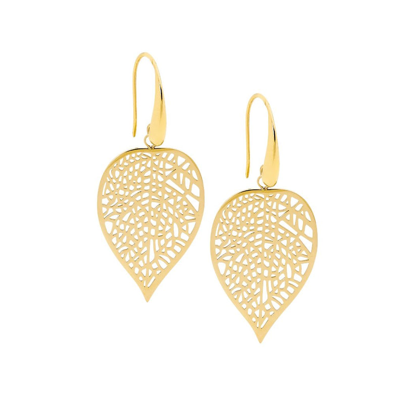 Ellani Stainless Steel Leaf Drop Earrings with Gold IP SE237G