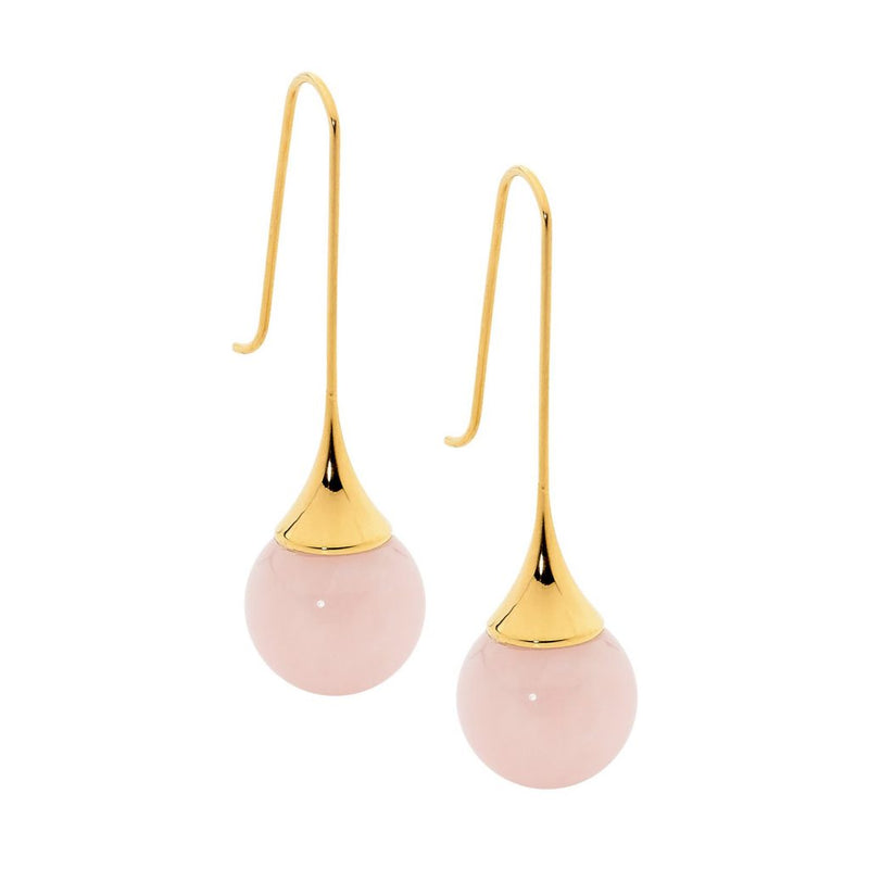 Ellani Stainless Steel Long Drop Earrings w Rose Quartz Ball w Gold IP Plating SE167G