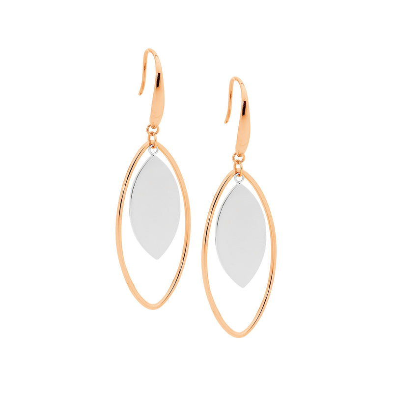 Ellani Stainless Steel Open Tear Drop Earrings with Rose IP With Steel Solid Centre SE191R