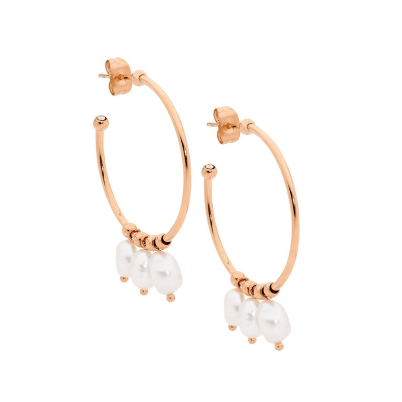 Ellani Stainless Steel Rose Gold Hoop Earrings with Baroque Pearls SE226R