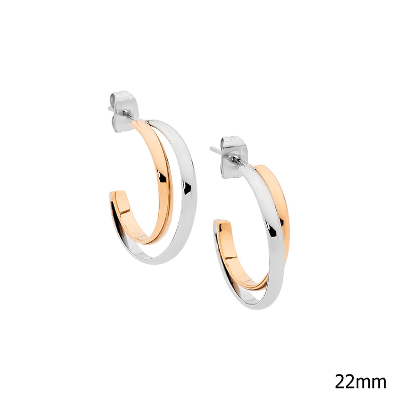 Ellani Stainless Steel Two Tone Double Hoop Earrings with Rose Gold IP SE242R